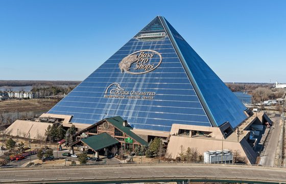 The Memphis Pyramid beside the river, its glass sides reflecting