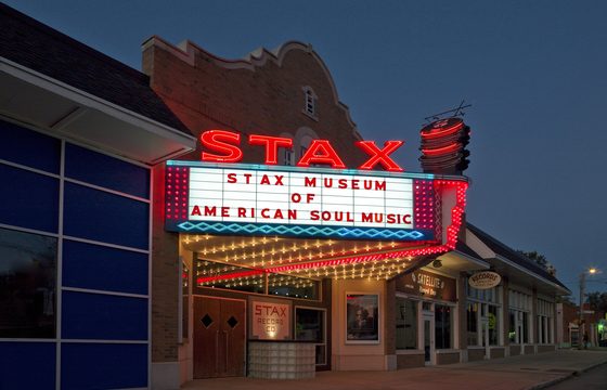 The lit marquee of the Stax Museum of American Soul Music