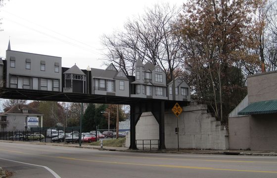 The Cooper-Young railroad trestle crossing the street below it