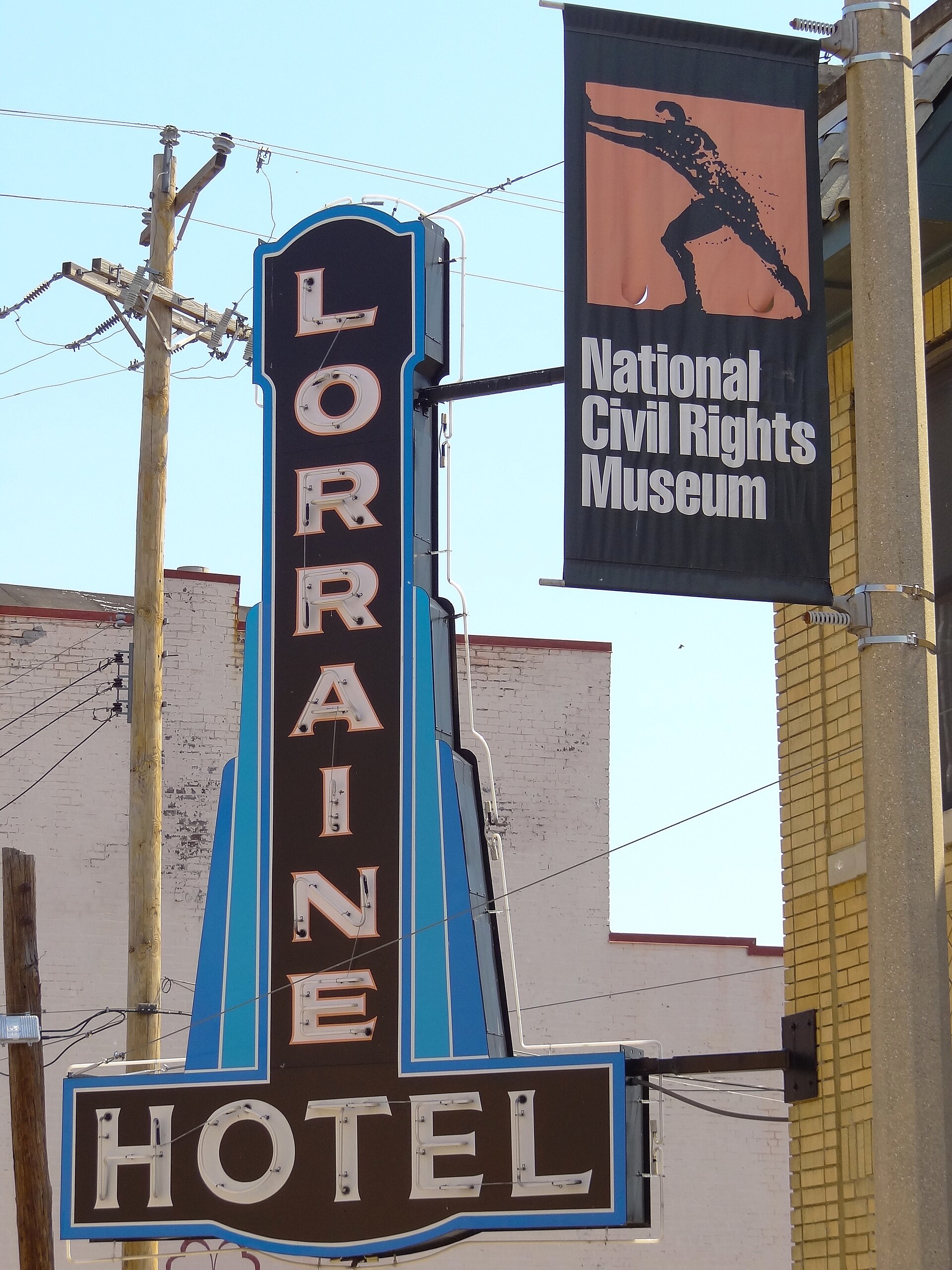 Signs for the Lorraine Hotel and the National Civil Rights Museum in downtown Memphis, Tennessee