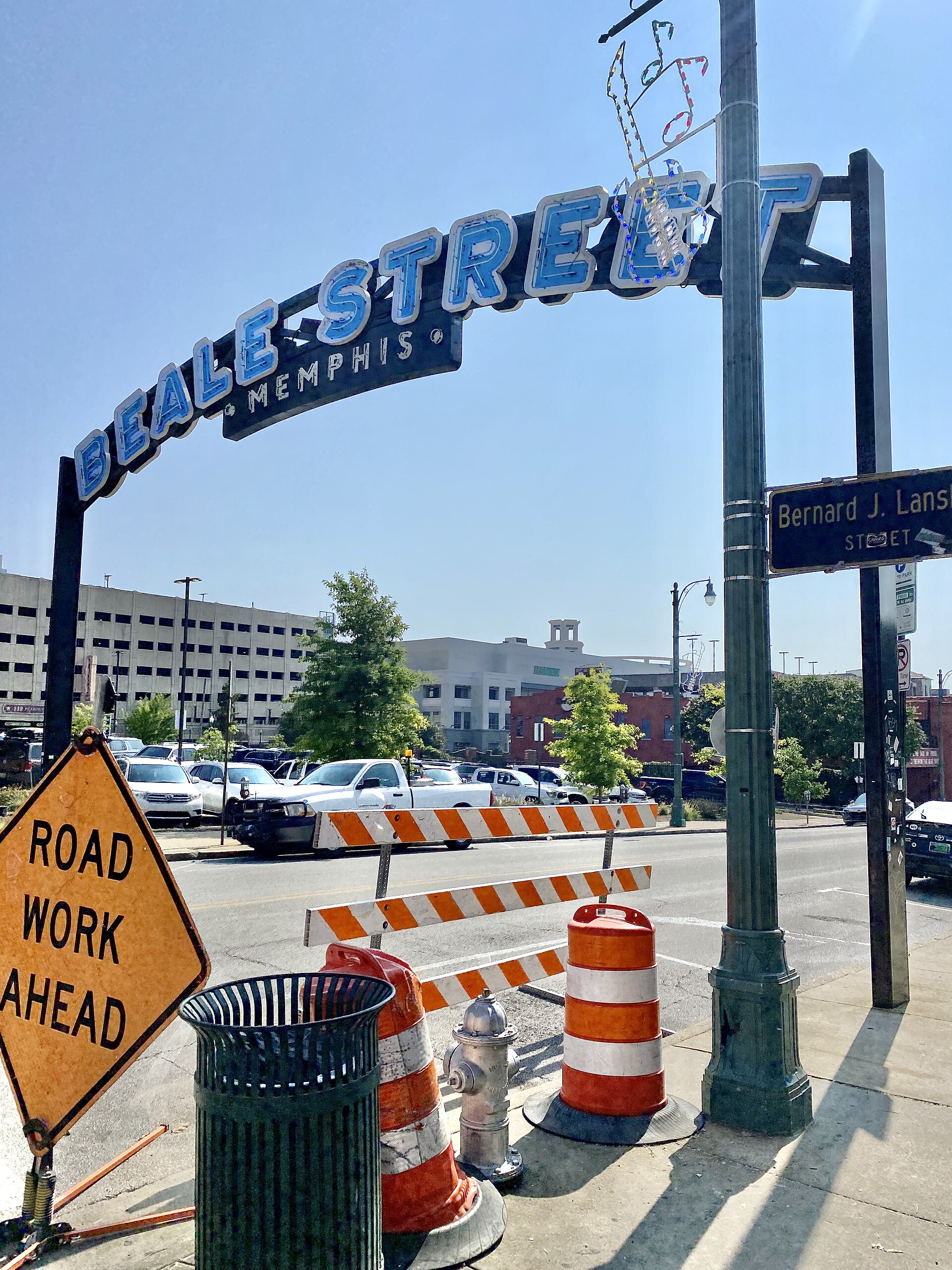 The illuminated Beale Street arch sign over Beale Street in Memphis, Tennessee