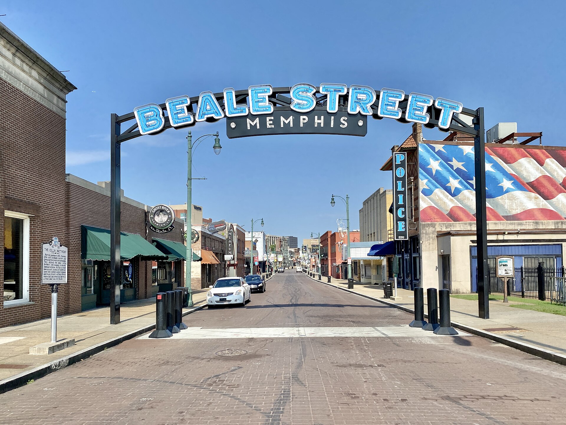 The illuminated Beale Street arch sign over Beale Street in Memphis, Tennessee