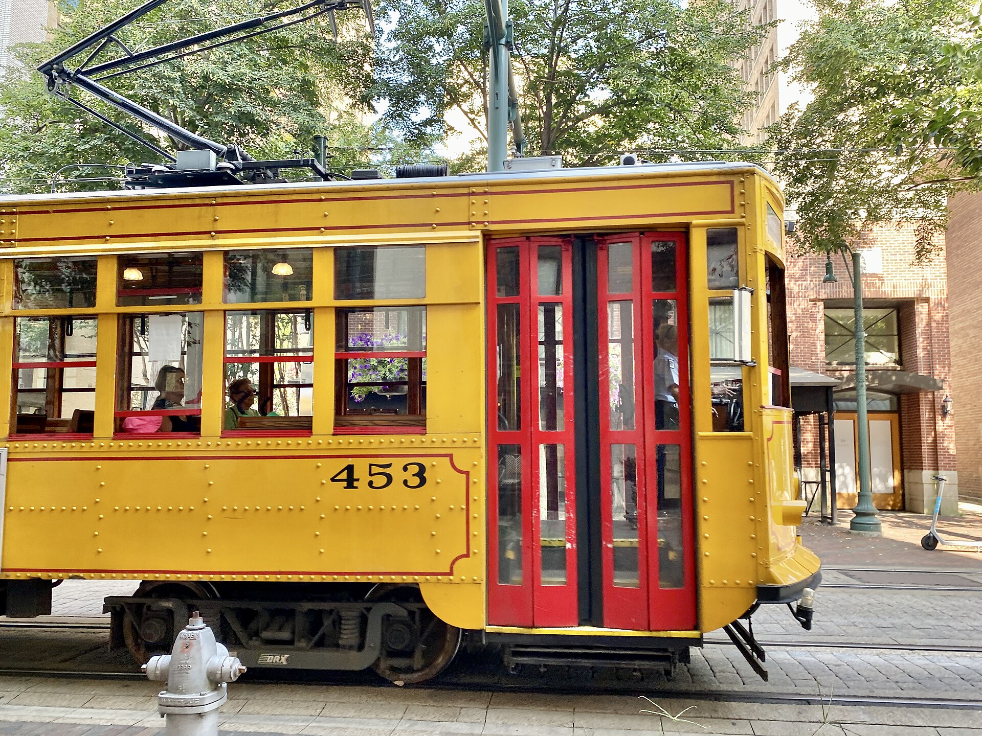 A Main Street Trolley car running along Main Street in Memphis, Tennessee