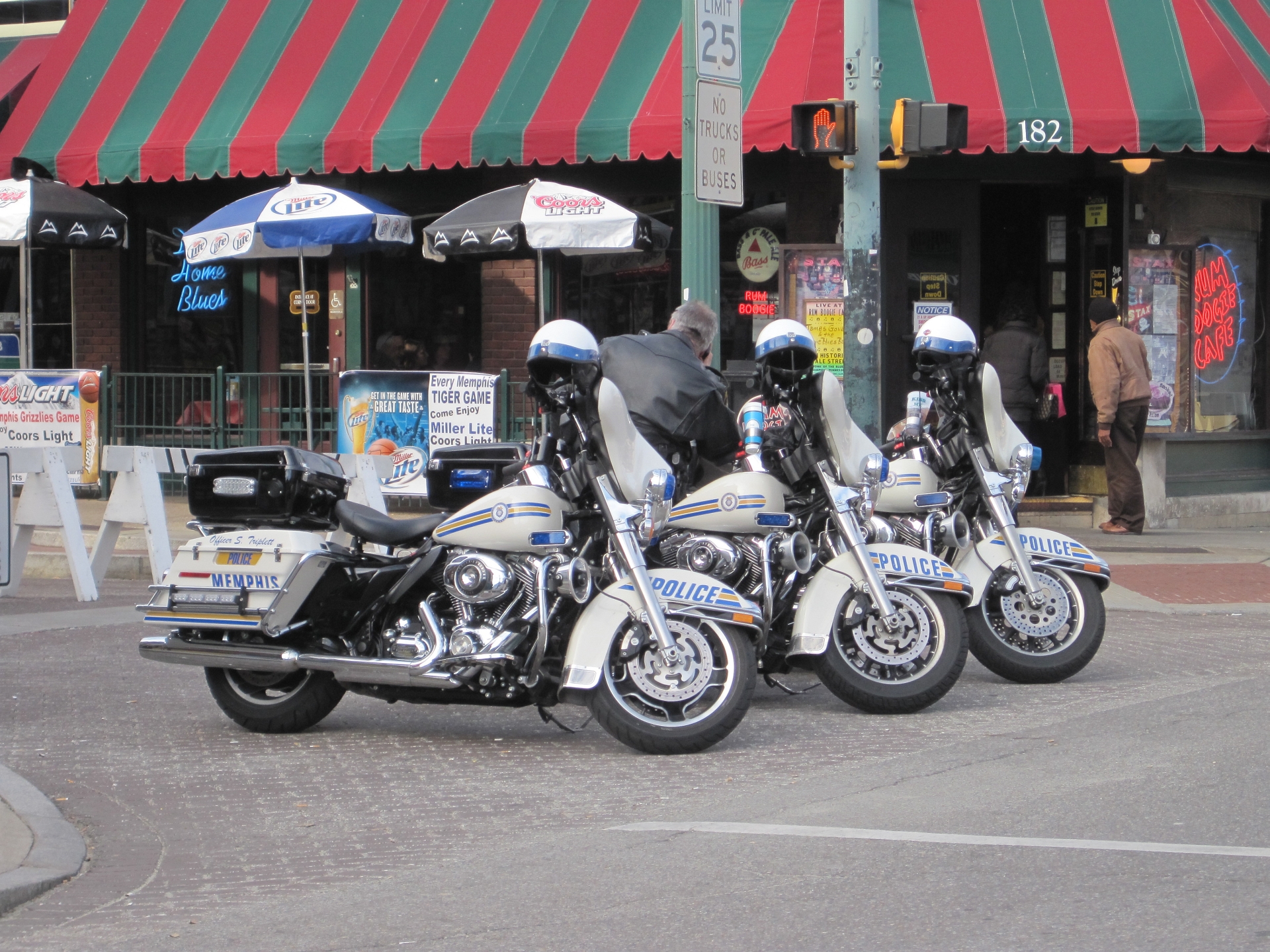 Memphis Police Department motorcycles parked on Beale Street
