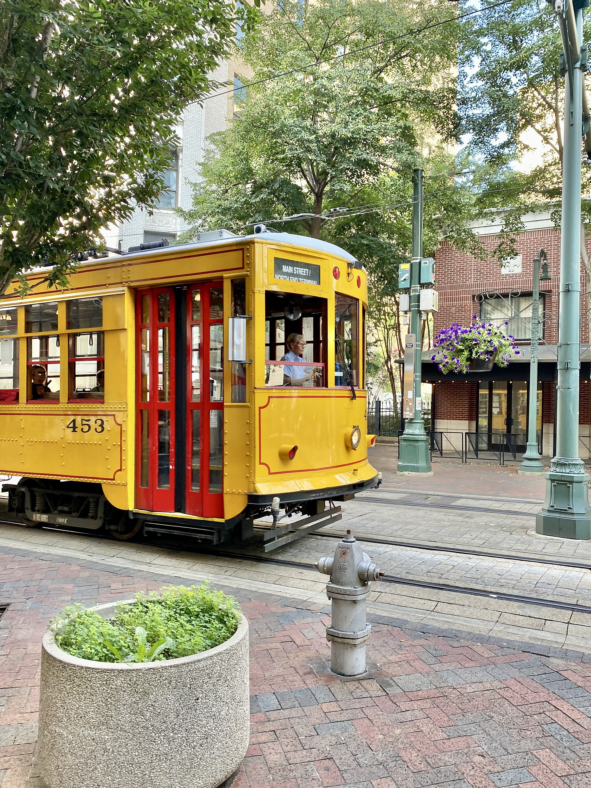 A Main Street Trolley car running along Main Street in Memphis, Tennessee