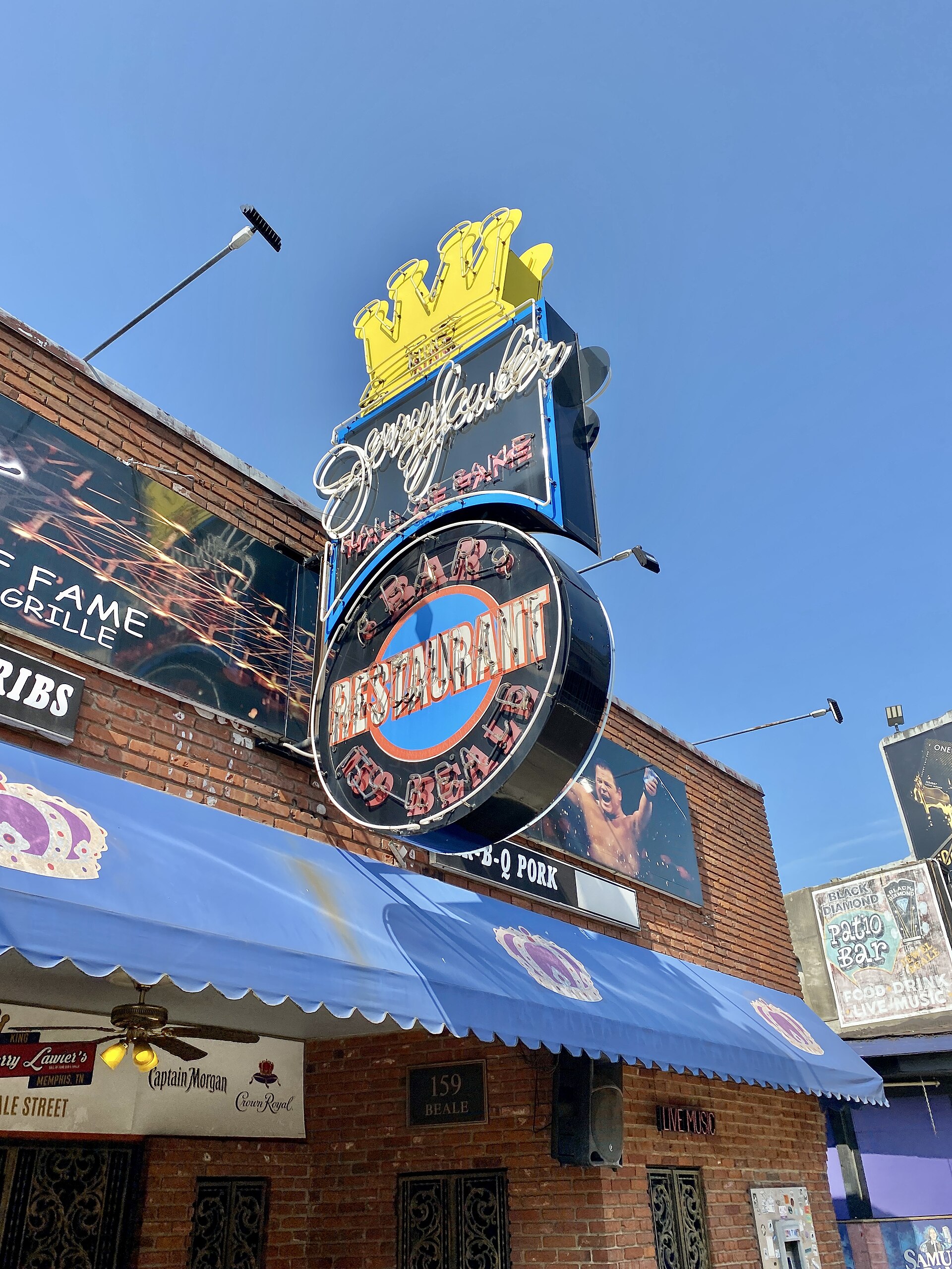 The sign for King Jerry Lawler's Hall on Beale Street in Memphis, Tennessee
