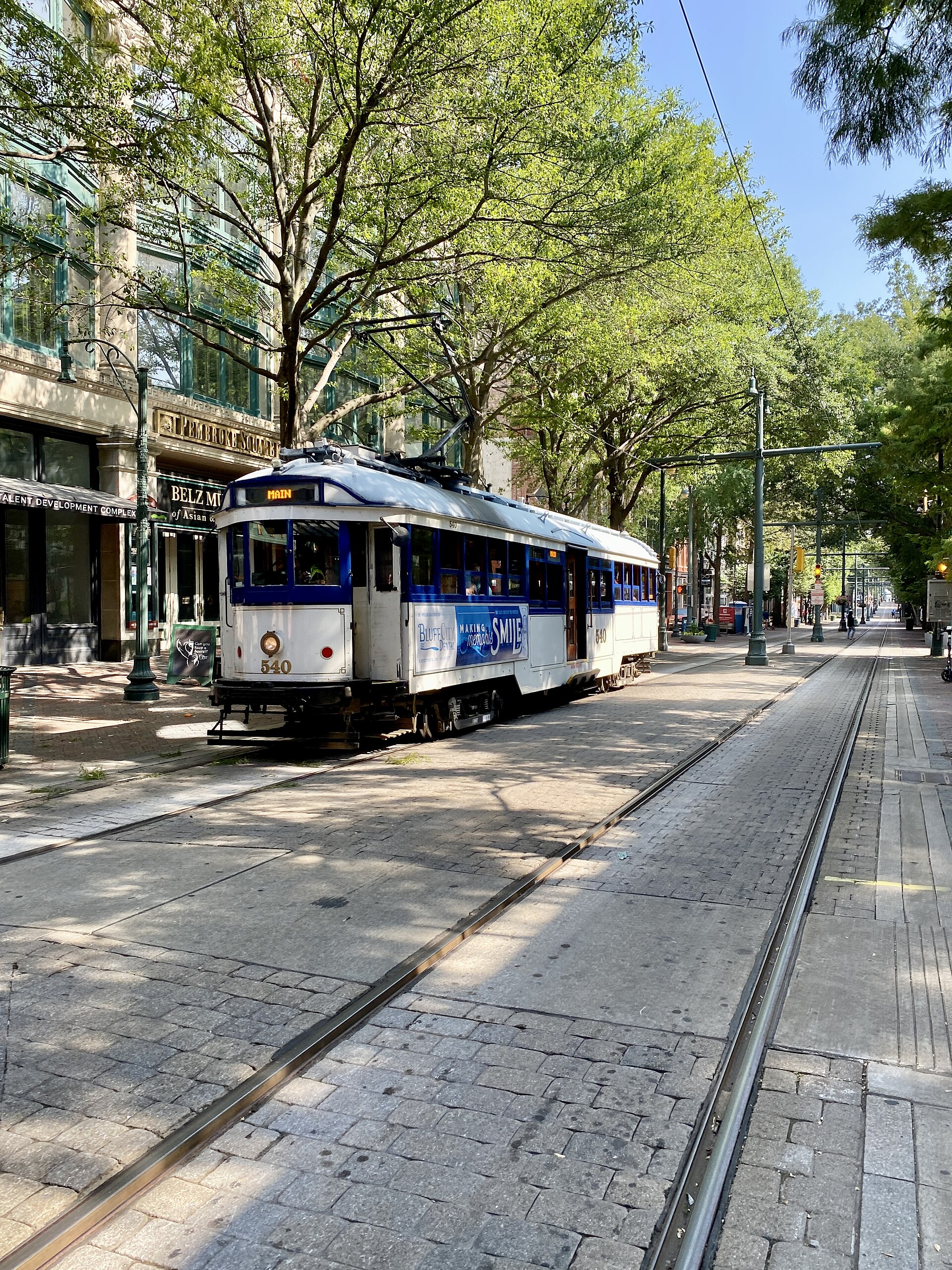 A Main Street Trolley car running along Main Street in Memphis, Tennessee