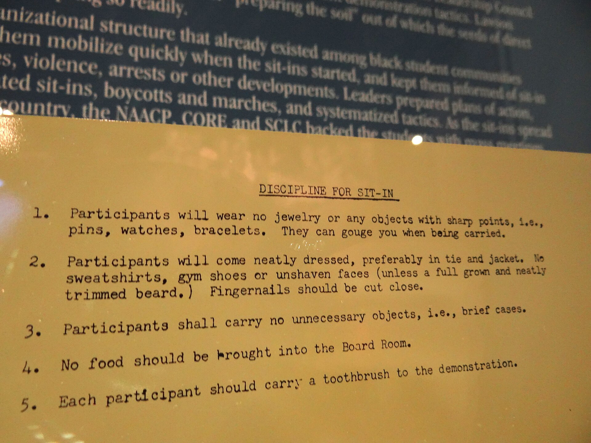 SNCC guidelines on discipline for sit-ins displayed at the National Civil Rights Museum in Memphis