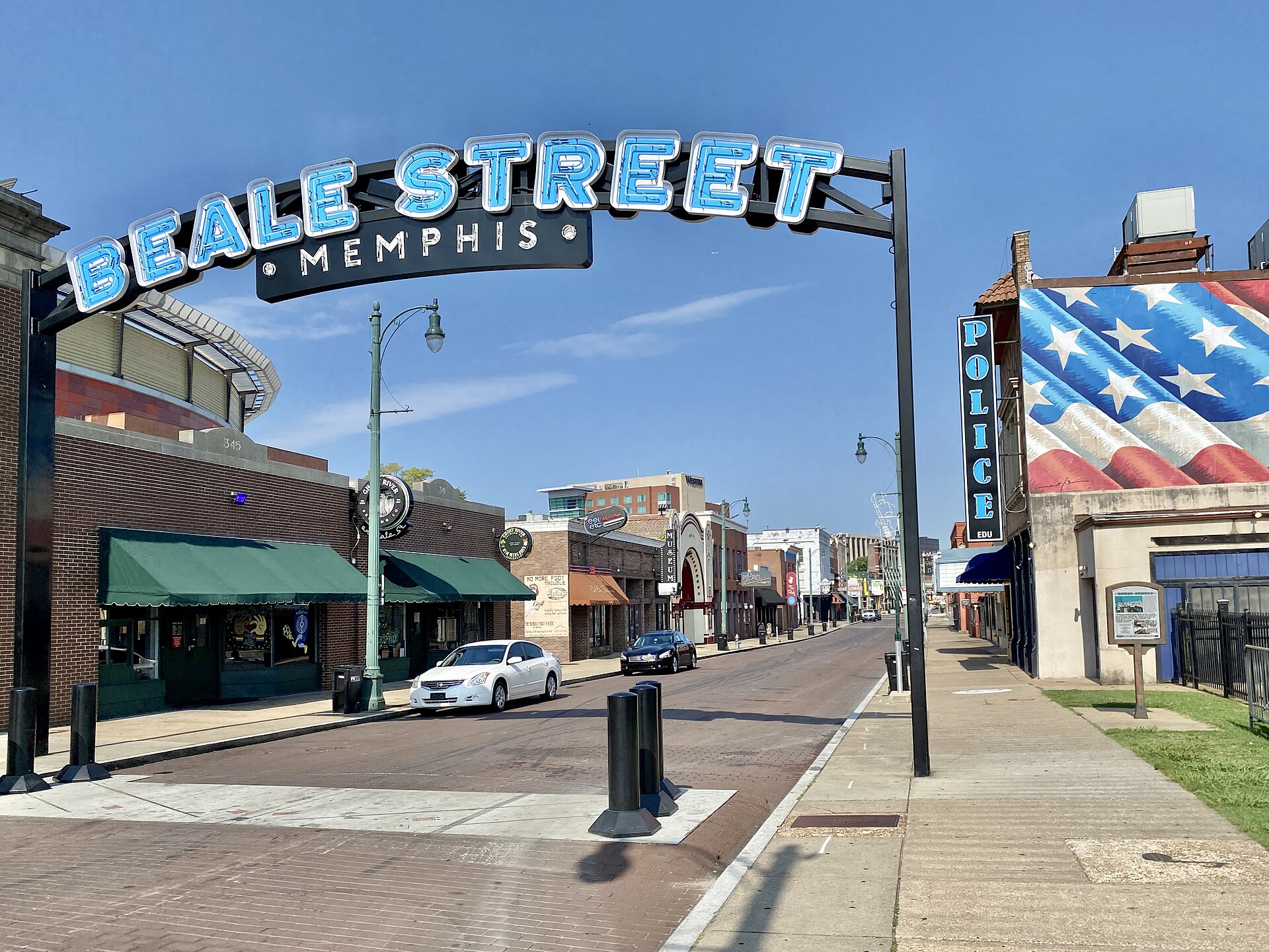 The illuminated Beale Street arch sign over Beale Street in Memphis, Tennessee