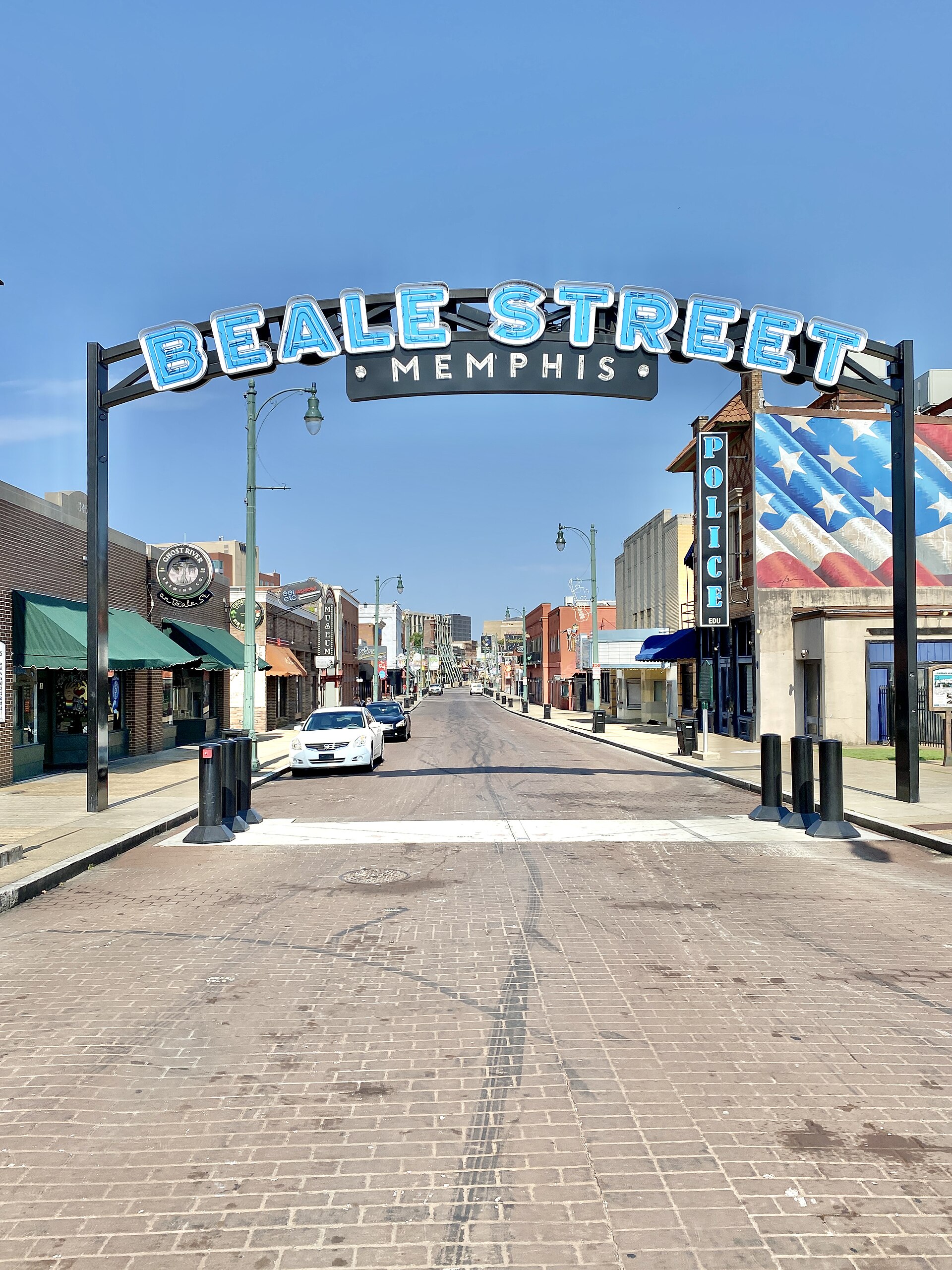 The illuminated Beale Street arch sign over Beale Street in Memphis, Tennessee