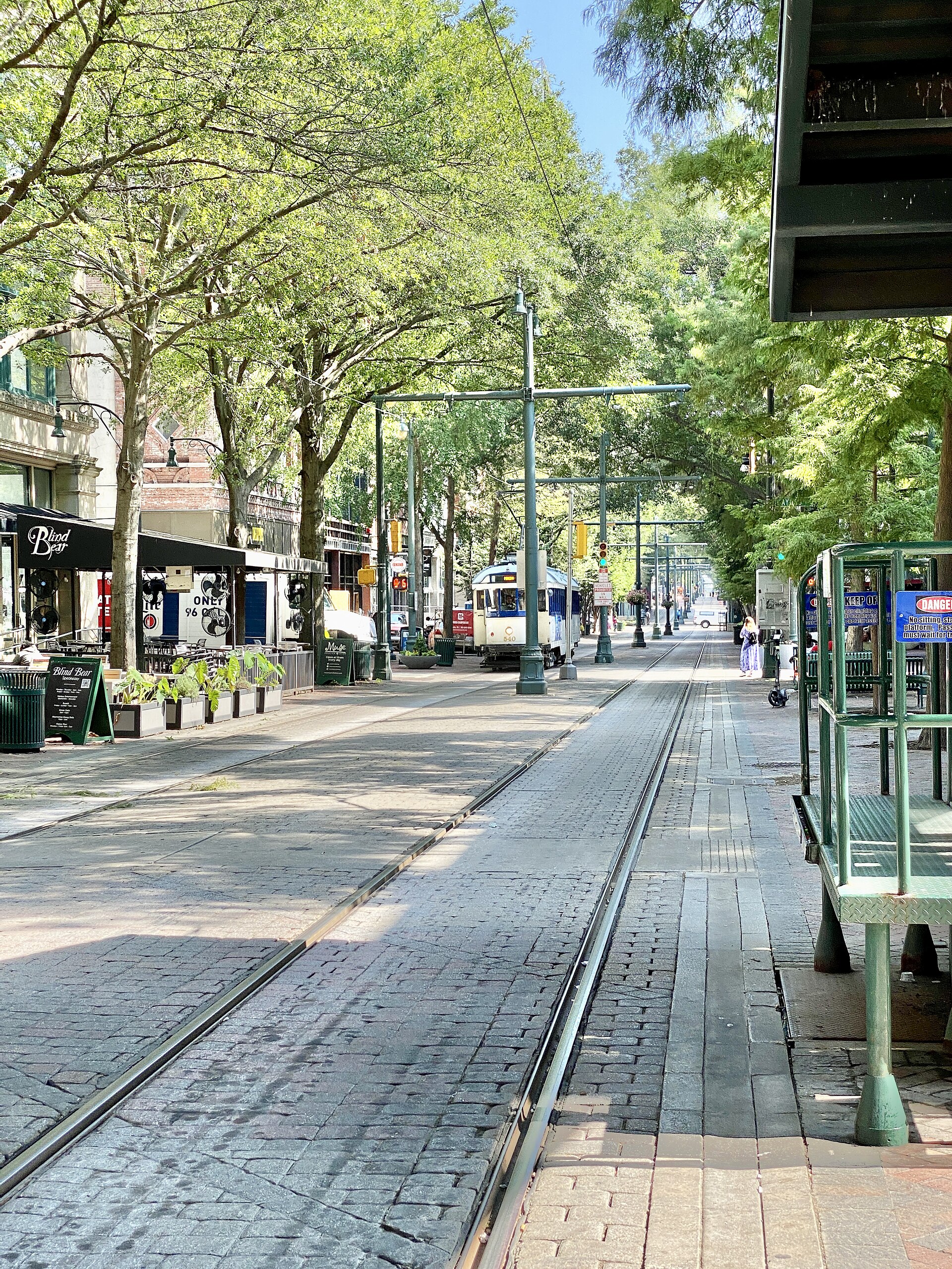 A Main Street Trolley car running along Main Street in Memphis, Tennessee