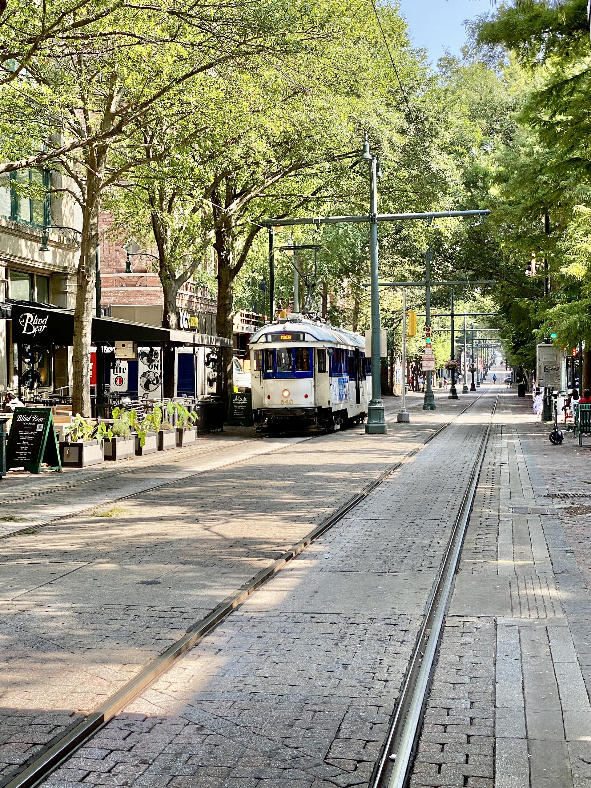 A Main Street Trolley car running along Main Street in Memphis, Tennessee