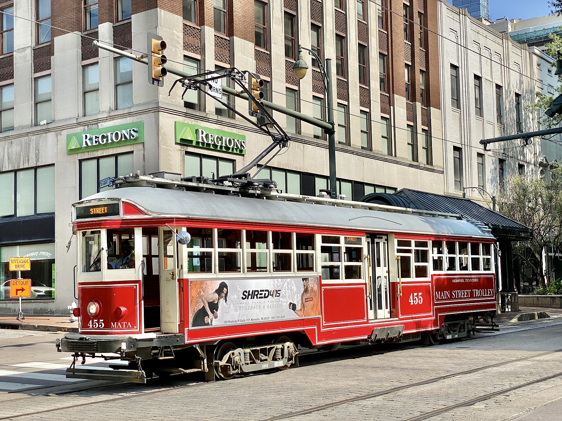 A Main Street Trolley car running along Main Street in Memphis, Tennessee