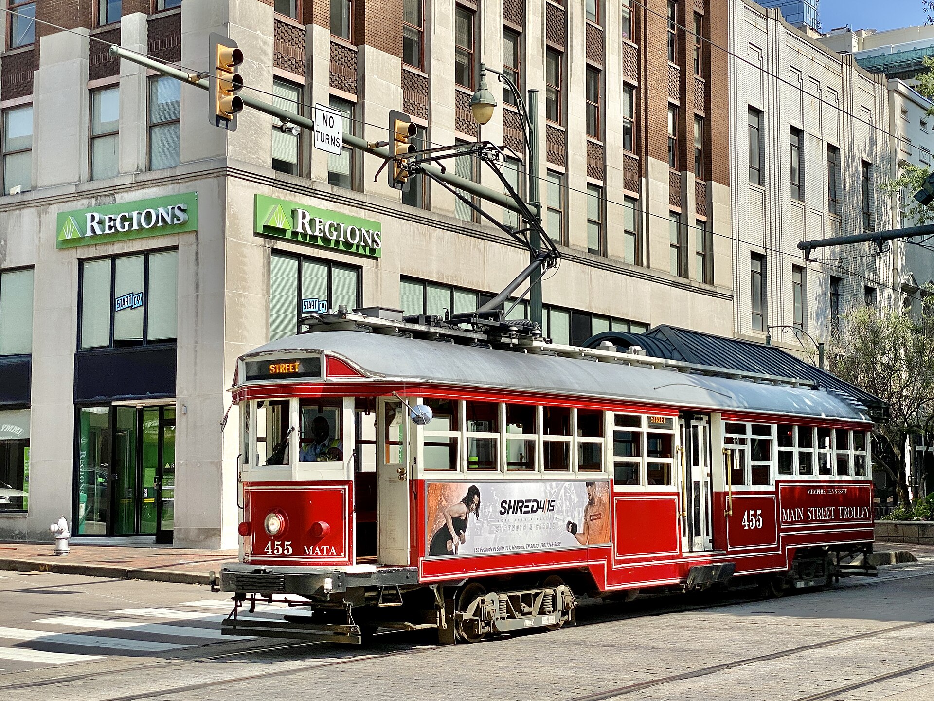 A Main Street Trolley car running along Main Street in Memphis, Tennessee