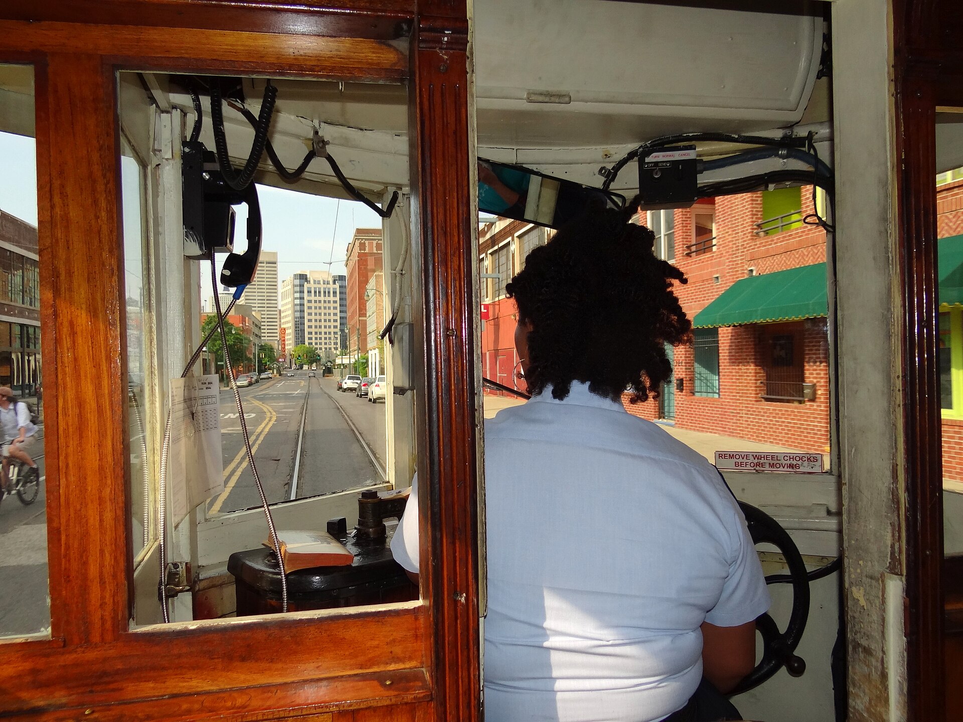 Female tram driver on the Riverfront Loop in downtown Memphis, Tennessee