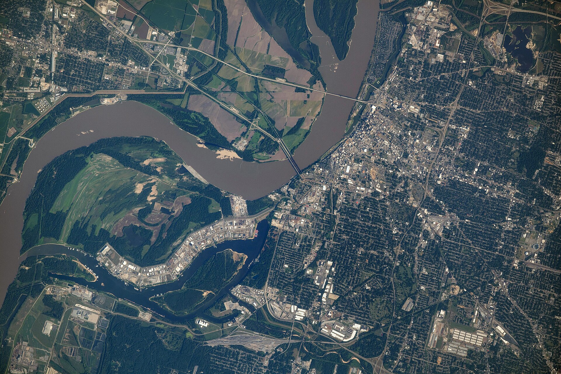 Downtown Memphis, Tennessee, on the Mississippi River seen from orbit