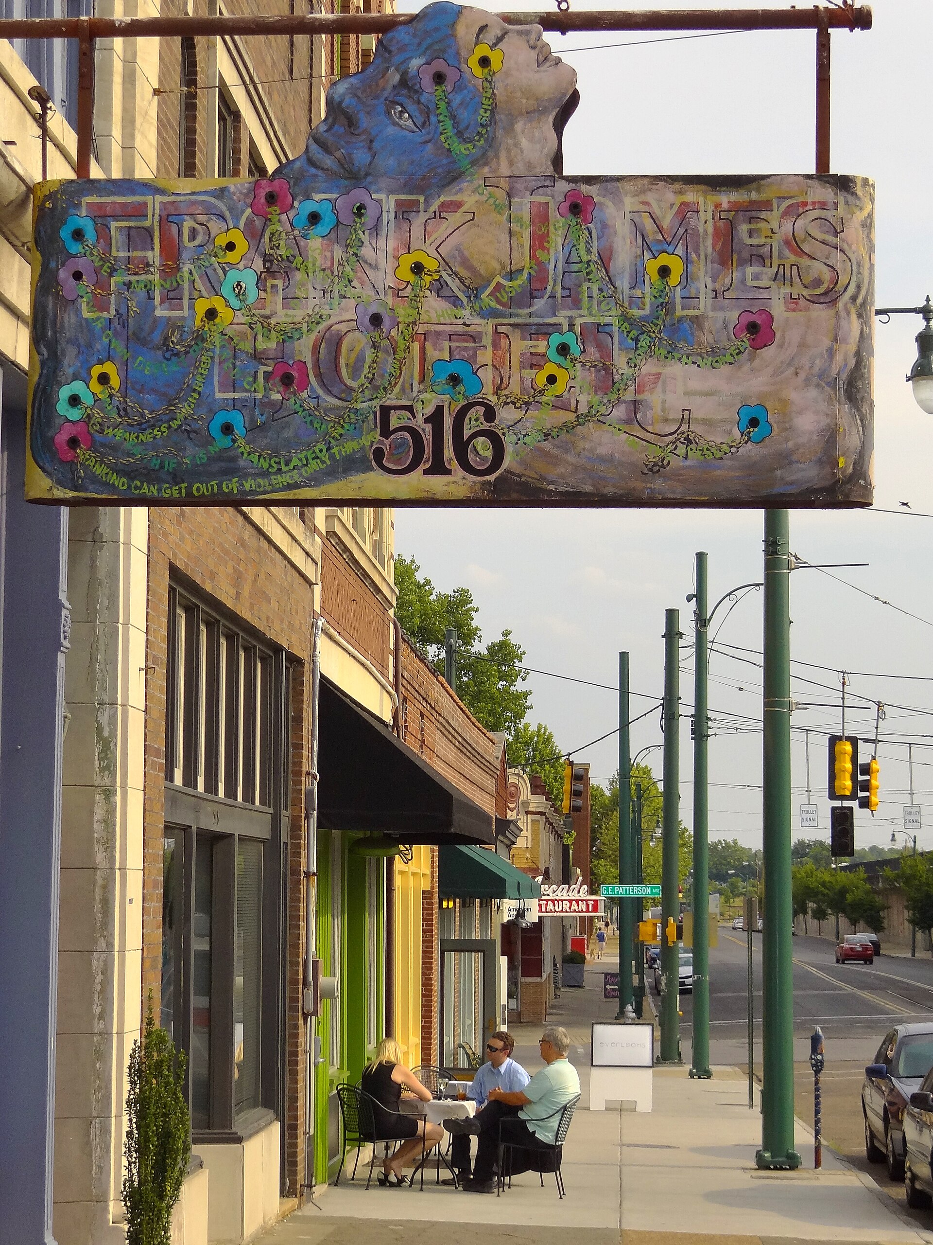 Street scene with the sign of the Frank James Hotel in downtown Memphis, Tennessee